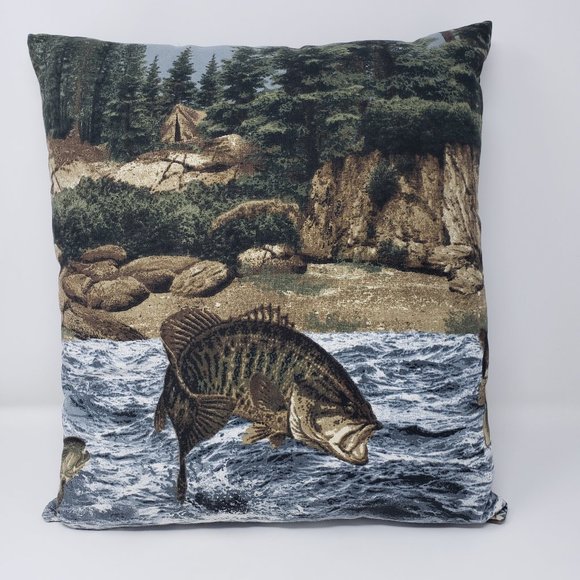 Big Mouth Bass Fish Accent Pillow 17 x 15 Brown Blue Stream Man Cave Rustic - Picture 1 of 2